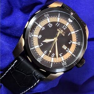 Invicta Aviator Black and Gold Dial Black Leather Men's Watch
